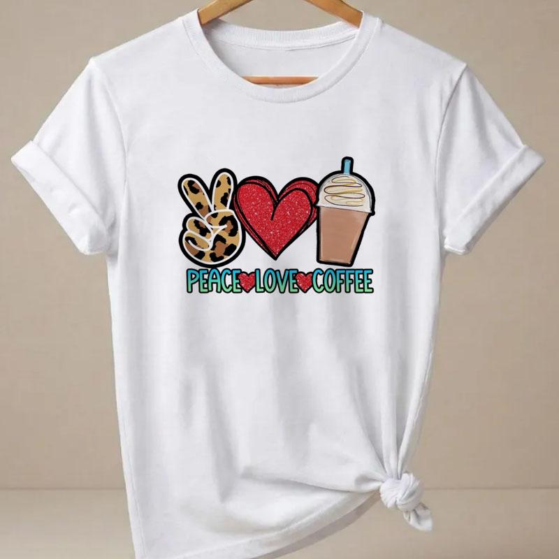 Peace Love Coffee TShirt Unisex Leopard Heart Graphic Tee Trendy Soft Breahable Short Sleeve T Shirt Casual Top Clothes