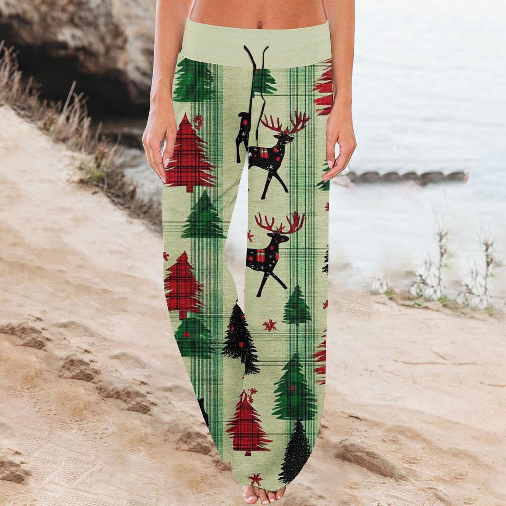 Women's Fashion Casual Comfortable Pajama Pants Christmas Print Drawstring Wide Leg Pants