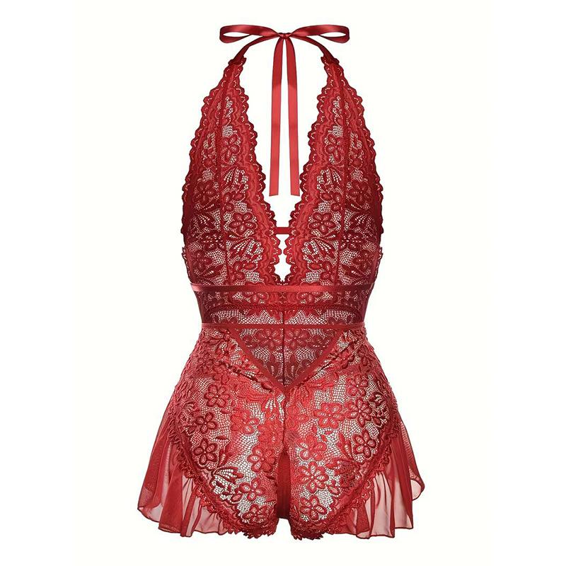 Crotchless Porno Lingerie for Women Neck Deep V Bra Sexy Backless Bodysuit Short Dress Underwear Sets Hot Women's Underwear Doll