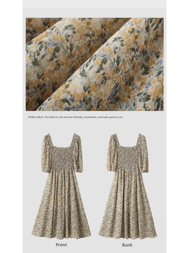 Женское летнее платье 2024 года из шифона с цветочным принтом, квадратным воротником и рукавами-фонариками