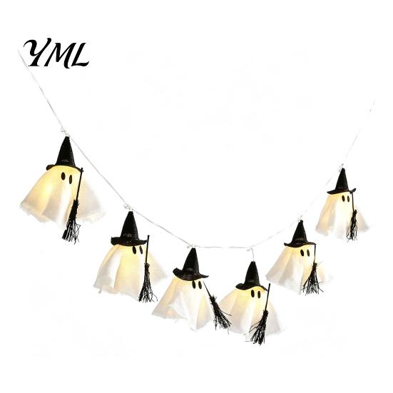Retro Texture Halloween Props Ghost String Light, Hanging Fabric with Wizard Hat, Window Fireplace Wall Ornament Glowing Fairy Lights for Home