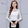 Women Bottoming Tops Stand Collar Long Sleeve Embroidery Lace Floral Pattern Pullover Tops Solid Color Slim Fit Mesh Yarn Tops