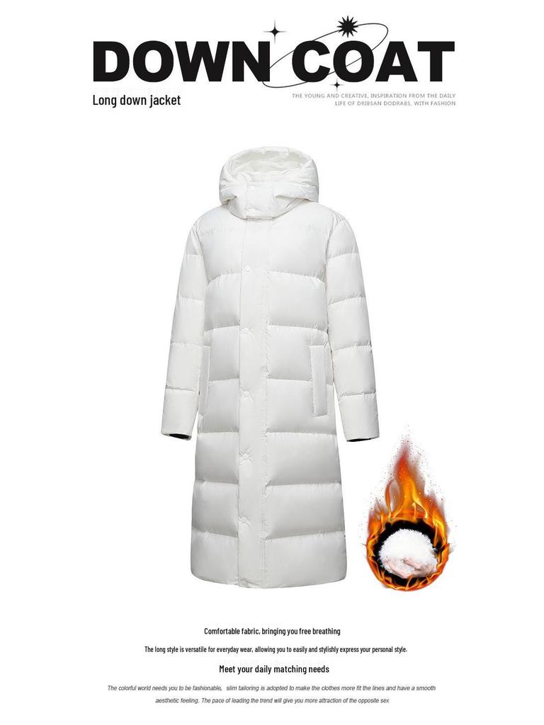 Модная длинная мужская зимняя пуховая куртка 2025 года - Белый утиный пух, Повседневный гонконгский стиль, Однотонная, Теплая верхняя одежда