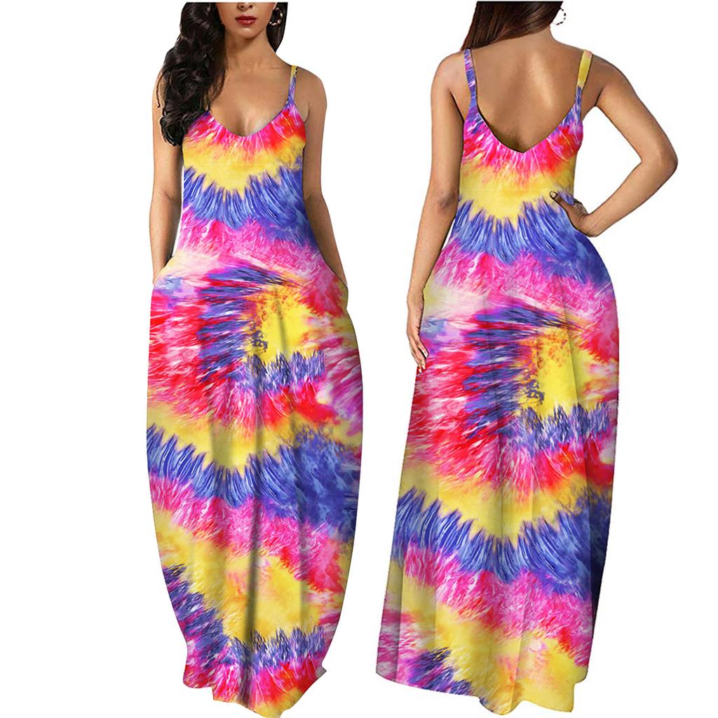 Women Gradient Tie-Dye Sleeveless V Neck Maxi Dress Sundress Beach Long Dres