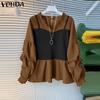 Women Casual Contrast Color Fake Two Piece V Neck Long Sleeve Blouses