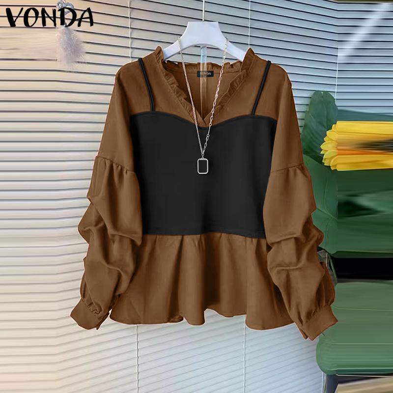 VONDA Women Casual Contrast Color Fake Two Piece V Neck Long Sleeve Blouses