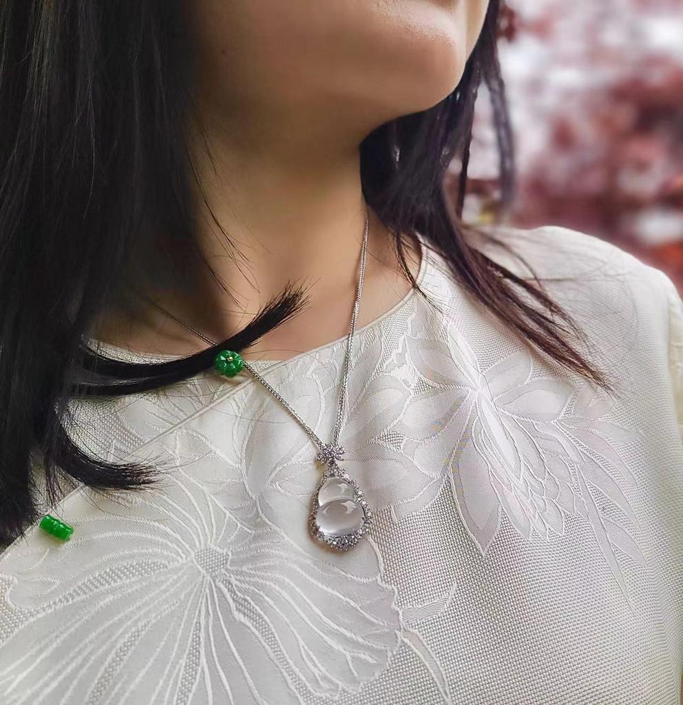 Подвеска-тыква из чистого серебра S925 с натуральным миццонитовым жадеитом - Высокий сорт льда для женщин, с китайским шармом Фу Лу