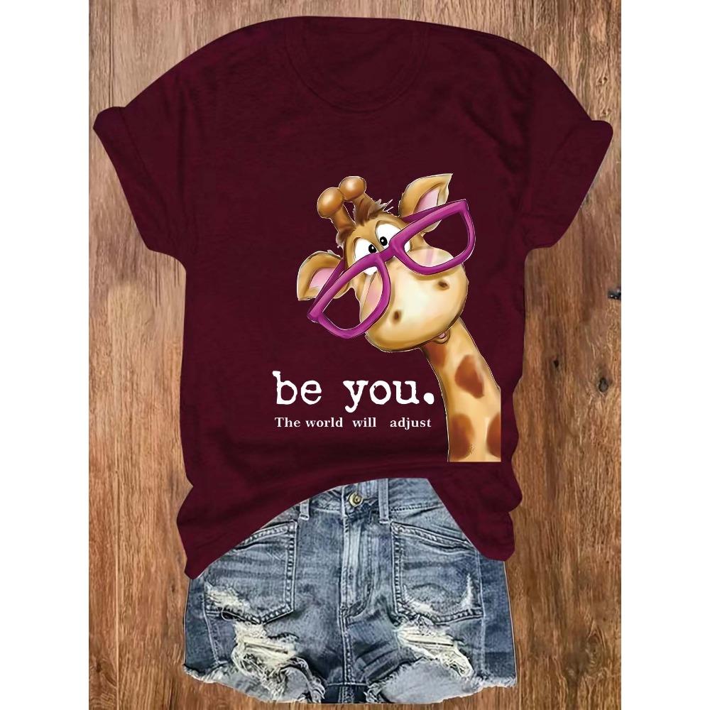 Be You The World Will Adjust Women's Tee - Cute Giraffe With Glasses Graphic, Casual Green Top
