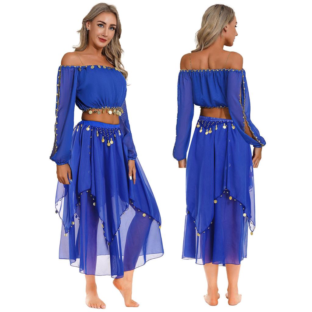 Женский костюм для танца живота с блестящими пайетками, укороченный топ с длинными рукавами-фонариками и шифоновая юбка