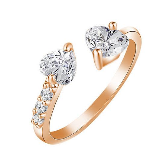 Women's Double Love Heart Open Ring Shiny Zircon Copper Wedding Bridal Jewelry