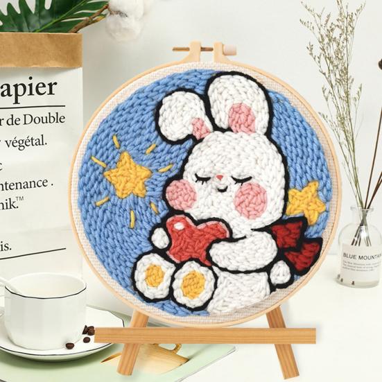 DIY Punch Stitch Kit for Beginners Cartoon Pattern with Punch Needle Hoop Punch Stitch Starter Craft Set for Adults Children