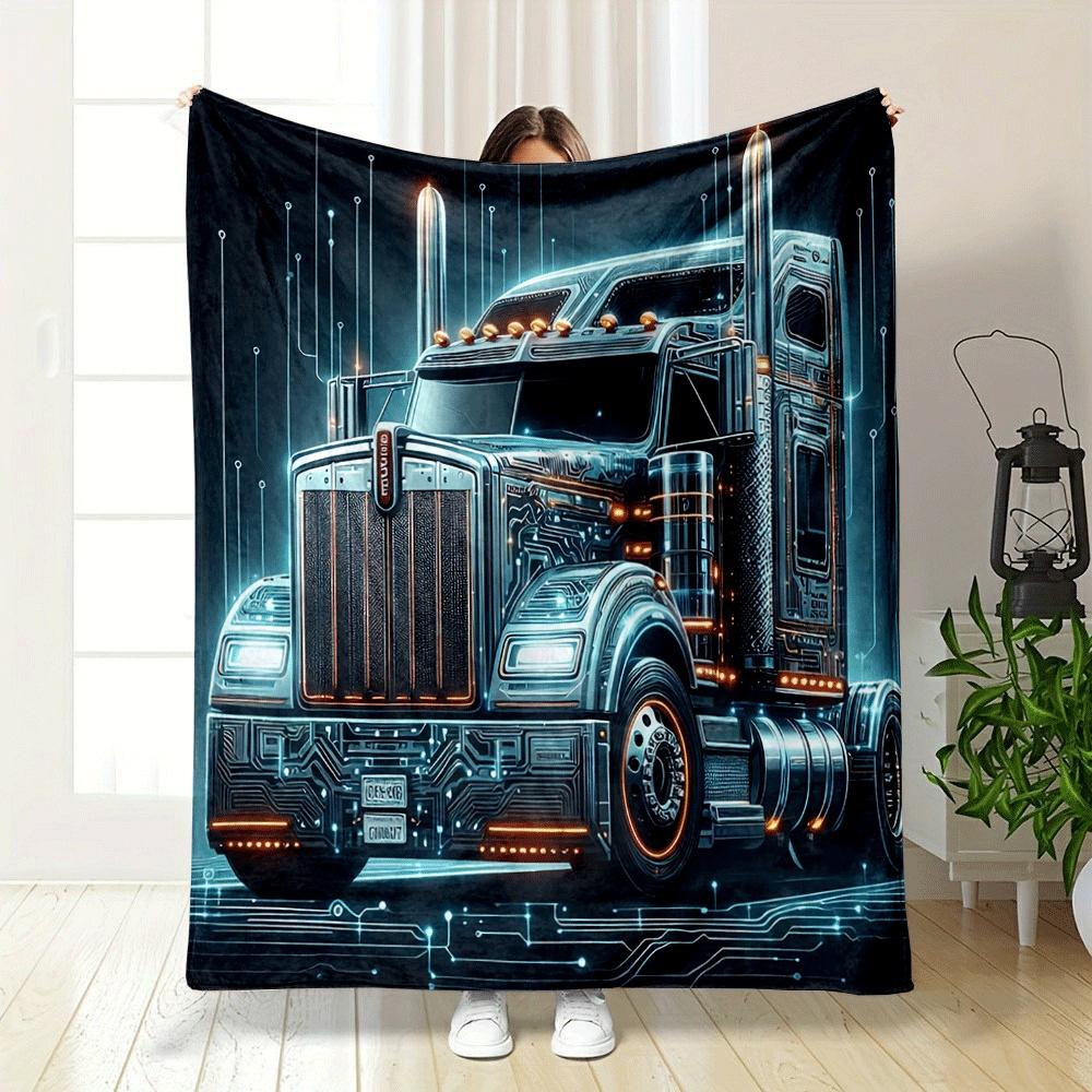 Futuristic semi-truck with glowing circuitry and digital accents. for all seasons blanket lunch break throw gift