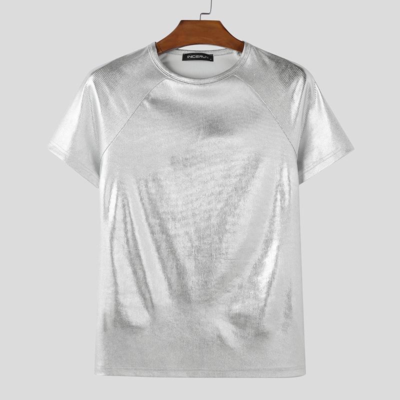 INCERUN Летние мужские футболки с коротким рукавом и круглым вырезом, повседневные, с блестками, топы