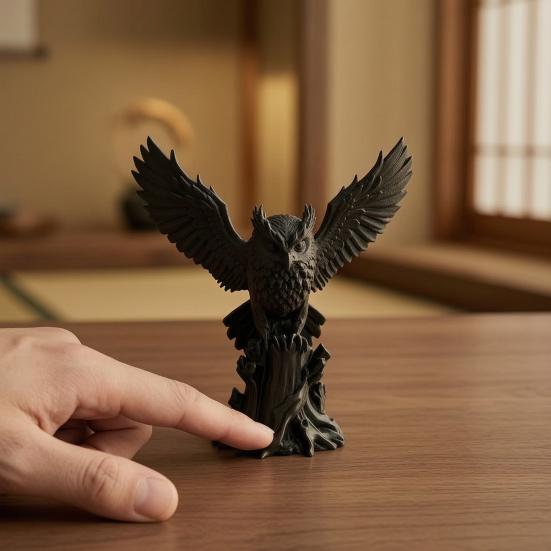 3D Printed Resin Statue Owl on Tree Stump Figurine, Animal Sculpture, Collectible Personalized Entryway Accent Dark Ornament for Home Office