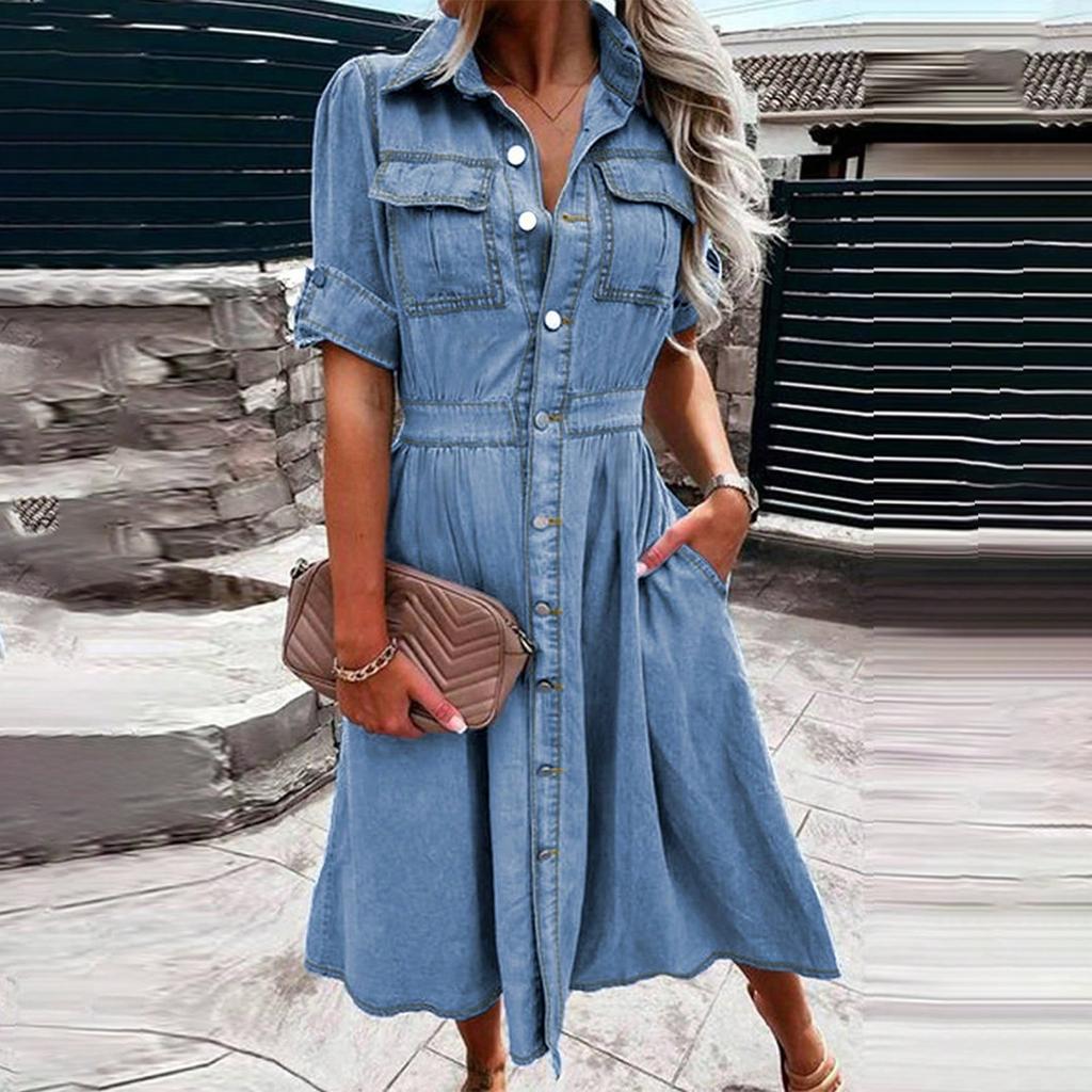 Ladies' Casual Denim Short Sleeved Single Breasted Dress
