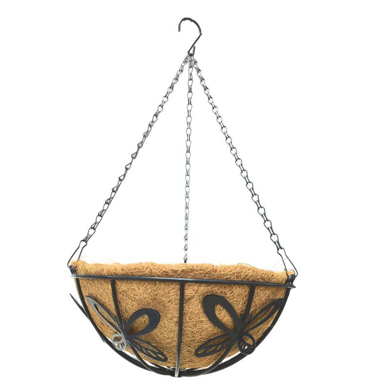 Round Wrought Hanging Planter Basket with Coir Liner, 10 Inch Decorative Butterfly Design for Indoor Outdoor Plants