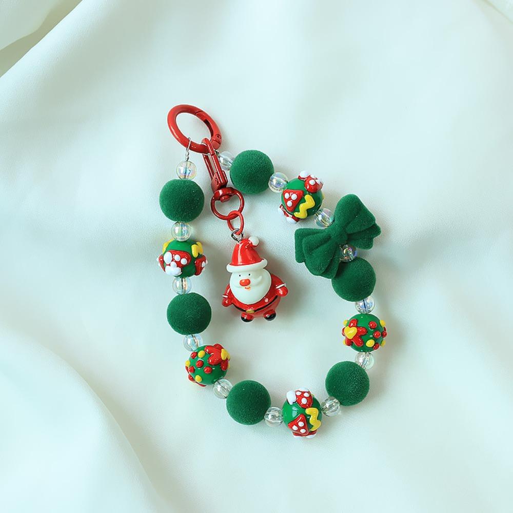 Santa Claus Plush Beads Keychain Flocked Bowknot Beaded Cell Phone Lanyard  Unisex
