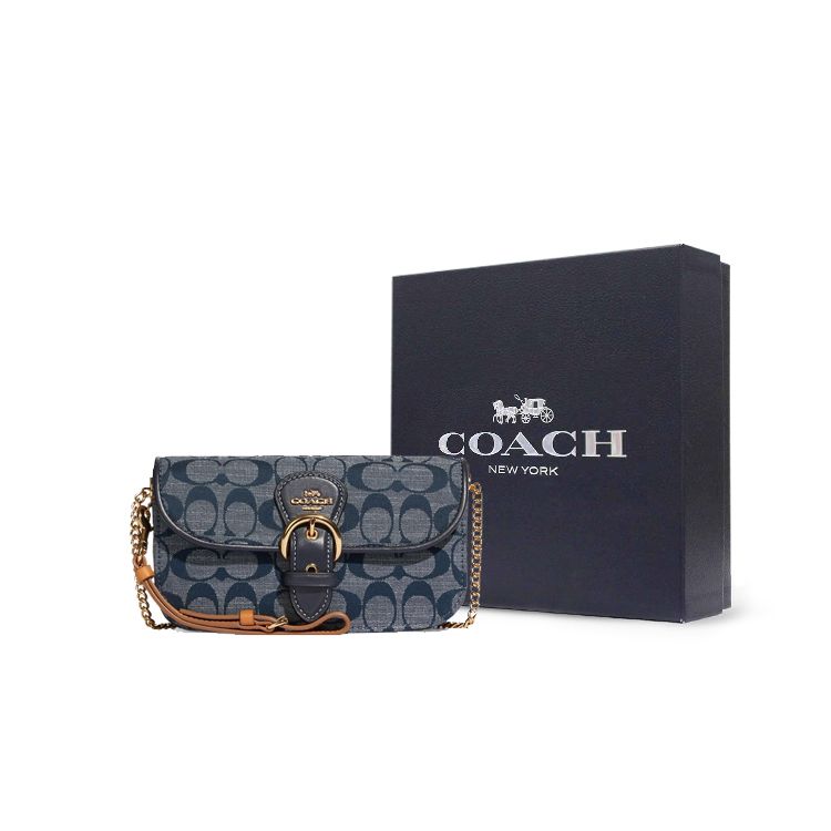 Coach Kleo Series 19 Chambray Monogram Saddle Flap Leather Shoulder Bag Women shoulder bag Denim-Blue C8304-IMDEI