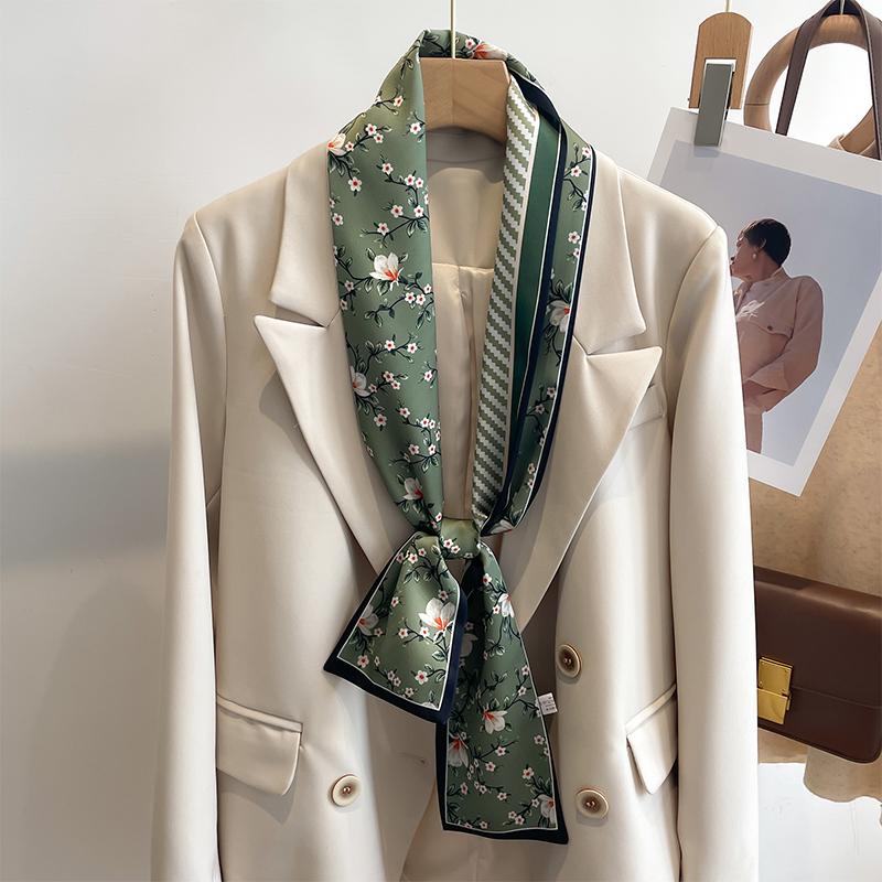 Women Silk Feel Printed Design Scarf Shawl Fashion Luxury Long Narrow Small Silk Scarves Ladies Headband Headscarve Bags Wrap