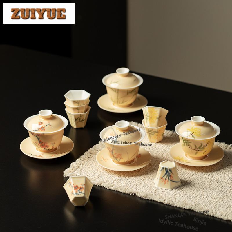 150 мл Расписанный вручную Гайвань с хризантемами Древняя чайница Чайная чашка с крышкой Набор Чайник Крышка Чаша для чая Коллекция чайной посуды