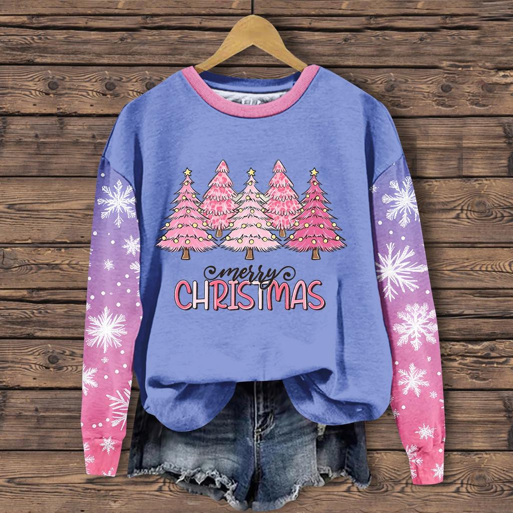 Женская мода повседневная толстовка с длинным рукавом и принтом Санта-Клауса с круглым вырезом