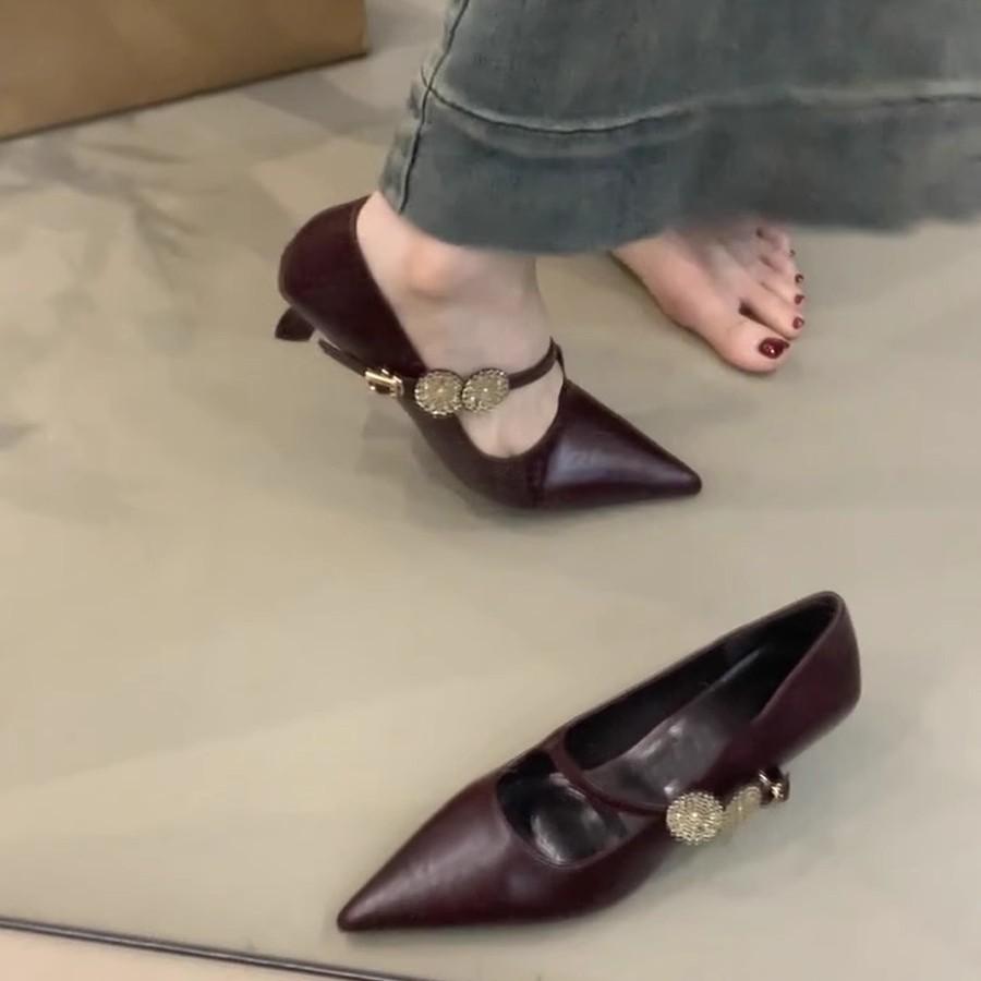 Версия из мягкой кожи~ заостренный темперамент металлическая пряжка ремешок с перемычкой туфли на высоком каблуке с открытым верхом и низким каблуком французские повседневные черные одинарные туфли женские