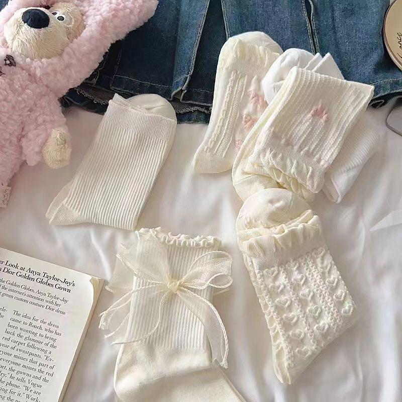 1 Pair Lolita Socks Bow Middle Tube Preppy Style Princess Socks Jk Streetwear