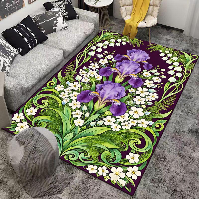 Floral Pattern Carpet with Purple Irises and Green Leaves Decor Suitable for use as an anti-slip for living room bedroom sofas