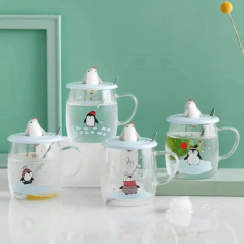 3D Lid Penguin Glass Mug With Spoon Mate Cup of Drinking Cute Mugs Coffee Cups Cup for Tea Glasses for Drinks Mugs Free Shipping