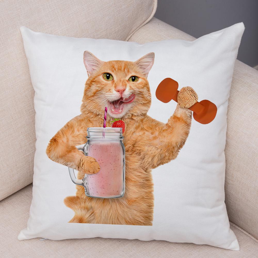 Funny Cat Dog Cushion Cover Fitness Animal Dumbbell Print Soft Fabric Living Room Sofa Home Decor Pillow Case