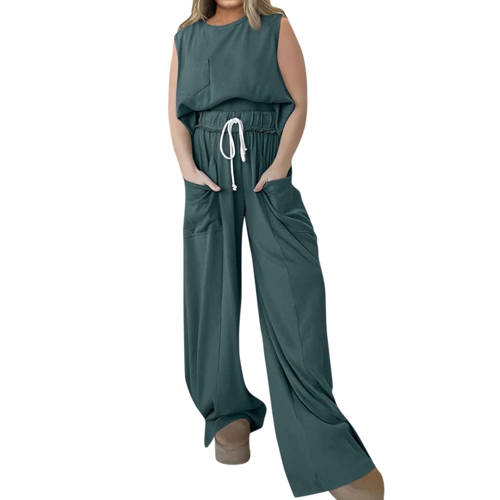 Летний комплект из 2 предметов Omen, топ без рукавов с круглым вырезом, широкие брюки, комплект, комбинезон, летний повседневный костюм