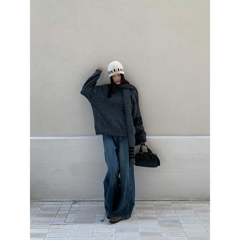 Autumn and winter American lazy loose jeans women's wide-leg retro drape straight trousers women