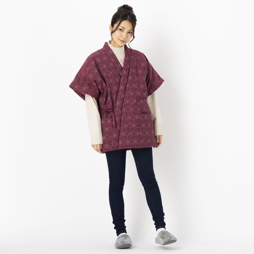 Watanosato Hanten for Kurume Dobby Hanten 16100 Hemp Leaf Japanese-made Women, Weave, Cotton-filled (free Size, Red)
