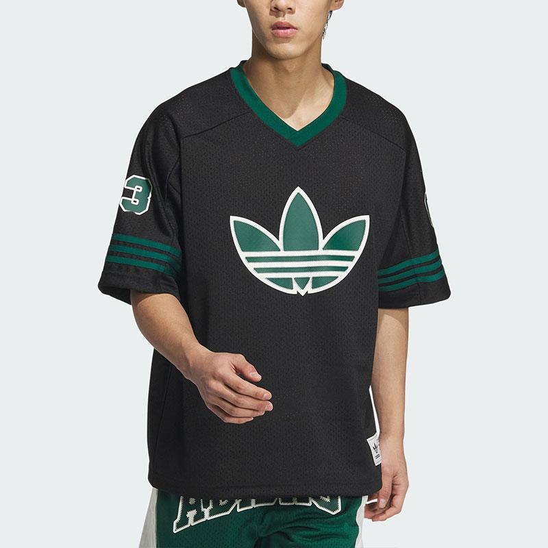 Adidas Originals Retro Street Basketball V-Neck T-Shirt With Striped Logo Print Unisex Tops Black JC6803