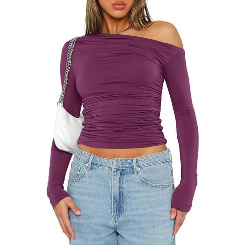 Women's Blouse Spring and Autumn Slant Shoulder Asymmetric Solid Colour Navel Blouse Long-sleeved Sexy Slim Temperament T-shirt