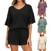 2 шт./компл. женский топ с шортами, комплект трикотажной вафельной текстуры с короткими рукавами, V-образным вырезом, дышащий, свободный, на шнурке, с эластичной резинкой на талии, домашняя одежда, спортивная одежда, лето