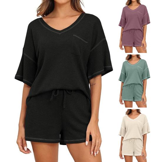 2 шт./компл. женский топ с шортами, комплект трикотажной вафельной текстуры с короткими рукавами, V-образным вырезом, дышащий, свободный, на шнурке, с эластичной резинкой на талии, домашняя одежда, спортивная одежда, лето