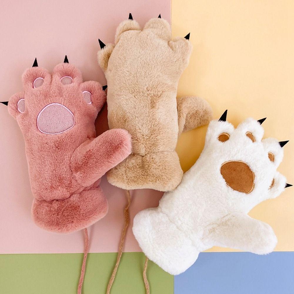 Fluffy Warm Gloves Flush Cat Paw Gloves Hanging Neck Mittens Bear Paw Gloves Female Winter Gloves
