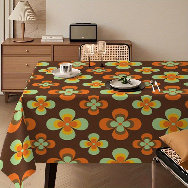 1pc Vintage Floral Tablecloth, Orange and Green Contrast Color, Pop Art Style Flower Tablecloth for Nostalgic Dining and Living Room Decor, First Choi