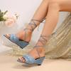 2024 Синие джинсовые женские сандалии Однотонные удобные сандалии на танкетке с толстой подошвой Летняя мода Ремешок на щиколотке Женская обувь