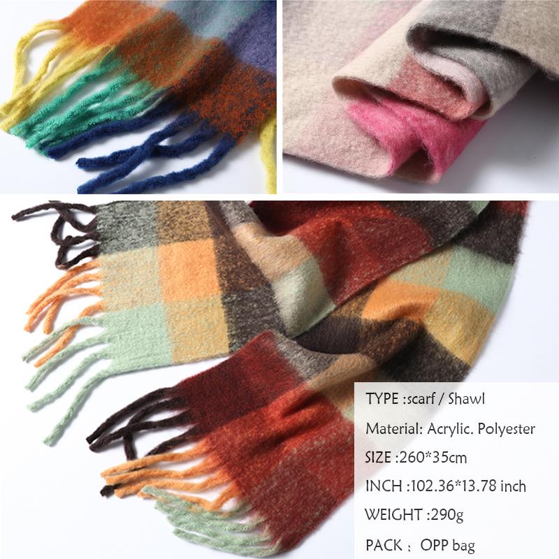 Women Plaid Scarf Winter Pashmina Shawls Cashmere Thick Wraps Lady Tassel Warm Scarves Rainbow Hairy Bufanda EMA