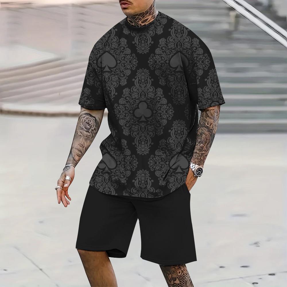 Стильный мужской спортивный стиль летний мужской комплект из 2 предметов повседневный дышащий короткий рукав покер 3d принт свободный большой размер