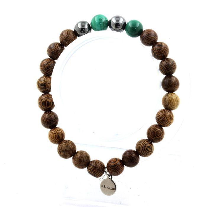 Stones and Minerals. Malachite Beads Bracelet from Congo + Hematite + Wood 8 Mm. Made In France.