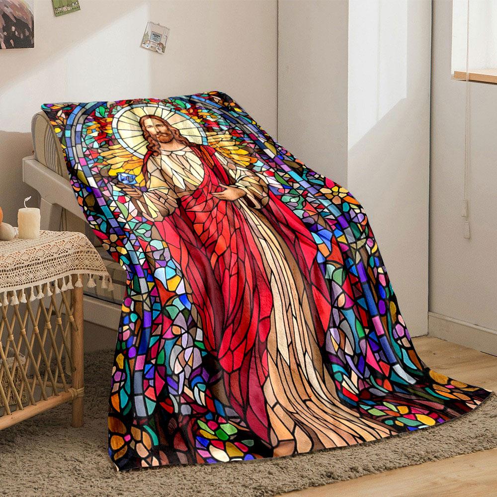 Jesus Stained Glass Pattern Blanket bedroom Blanket for Livingroom Couch lunch break Soft throw for Friend's festival Gift