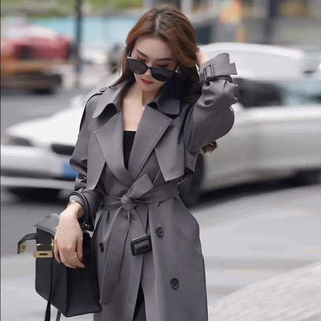 Ветровка выше колена женская весна и осень новый стиль двубортное пальто средней длины свободного покроя корейский стиль