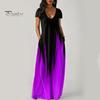 Women Maxi Dress with Pockets V Neck Short Sleeves Gradient Contrast Colors A-line Full Length Dress for Daily Party Dating