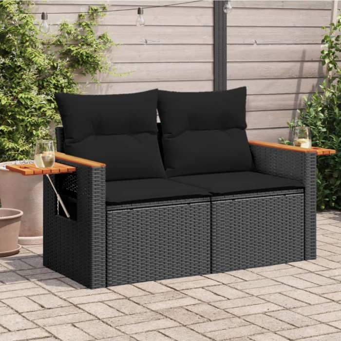 VidaXL Canapé de Jardin avec Coussins 2 Places, Siège avec Dossier, Meuble de Patio Arrière-cour Terrasse Extérieur, Noir 365994