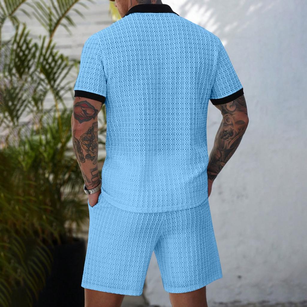 Мужской летний однотонный комплект рубашки с воротником на пуговицах и шорт с полой текстурой
