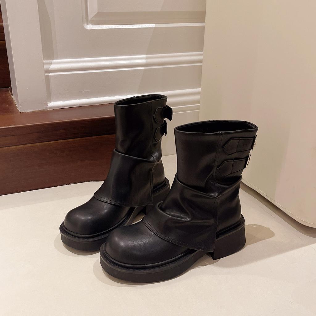 Fashion Women's Boots Fashion Knee-high Boots New Round Toe Trouser Leg Boot High Quality Leather Mid-calf Boots for Women Platform Boot