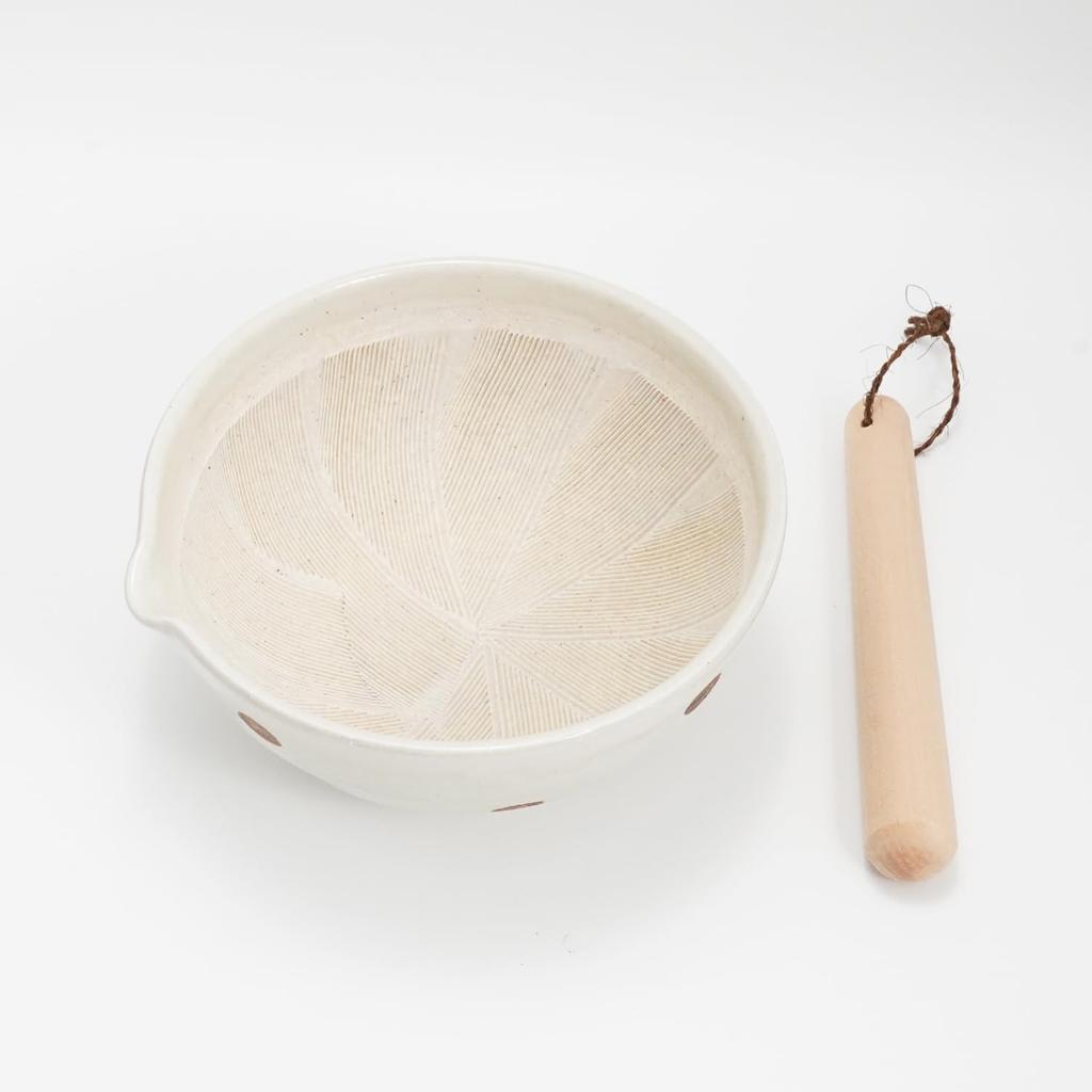 Fukubeya Retro and Cute Polka Dot Sesame Mortar, 18cm Diameter, with Pestle - Rustic Ceramic Design That Blends In with Your Kitchen (Hiwa Polka Dot)